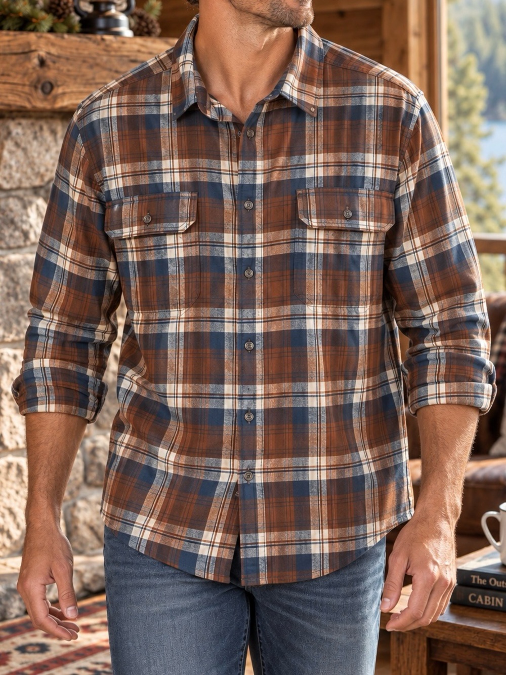 Faded Glory Men’s 2XL Brown Navy Plaid 100% Cotton Flannel Shirt